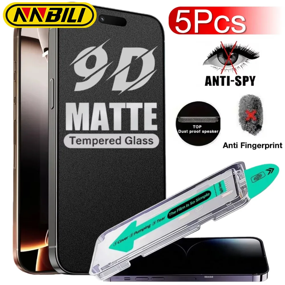 NNBILI - Juego de 5 Protectores de Pantalla Mate de Vidrio Templado Anti-Espía para iPhone 17, 16, 15, 14, 13, 12, 11 Pro Max, 17e, 16e, X