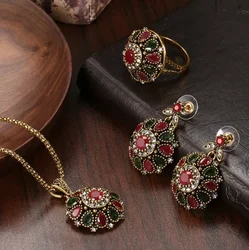 Ethnic Vintage Green Red Color Stone Flowers Earring Ring Necklace Three-Pieces Set For Women Party Birthday Custom Jewelry