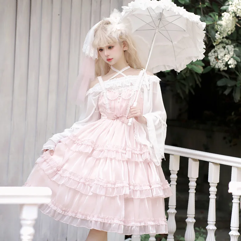 2025 New Japanese Korean Kawaii Summer Birthday Party Dress Streetwear Lolita Pink White Green Apricot Mid-Length Strap Dresses