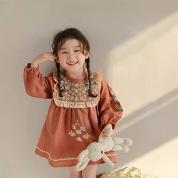 Spring Autumn Girls Dresses Kids Hollow Lace Embroidered Dress Children Vintage Clothing Toddler Girls Princess Dress for 1-7Y