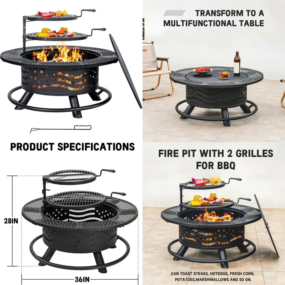 

36 Inch Fire Pit with 2 Cooking Grates, Outdoor Wood Burning BBQ Grill Firepit Bowl with Cover Lid, Steel Round Table for Backya