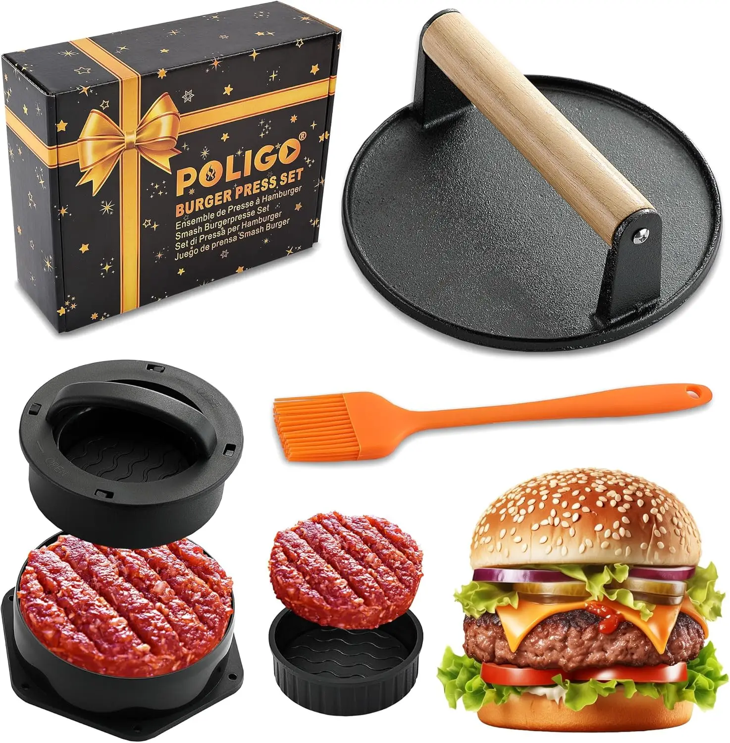 Juego de prensas para hamburguesas 4 en 1 - Prensa para hacer hamburguesas de hierro fundido, antiadherente de 6.69 pulgadas, negra