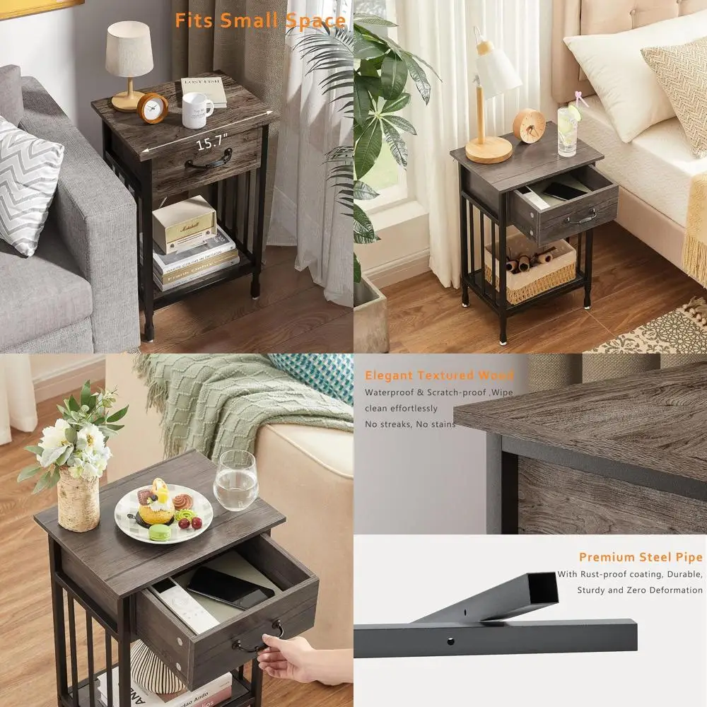 

Gray Wood Nightstand Set with Drawer & Storage Shelf, 15.7x11.8x23.6 inches, for Bedroom or Living Room