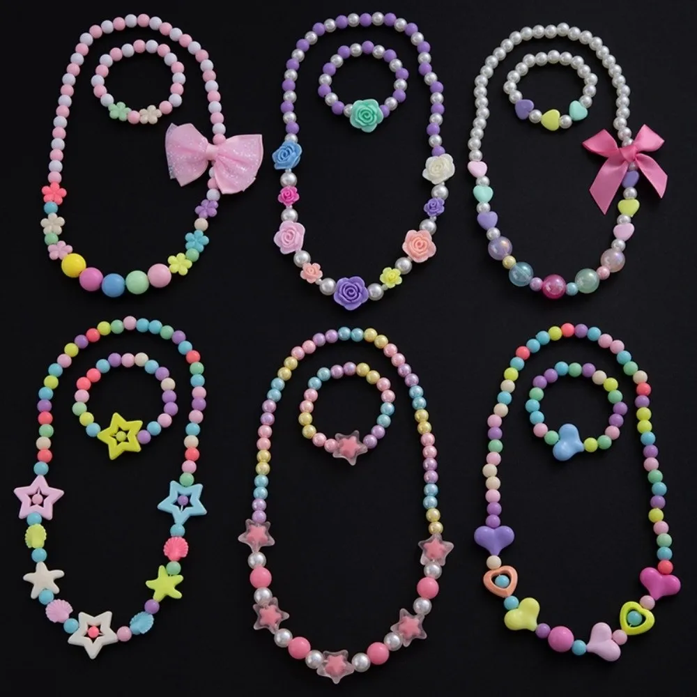 Cute Colorful Beads Princess Costume Necklace Flower Bowknot Children's Necklace Heart Necklace Bracelet Set Gifts