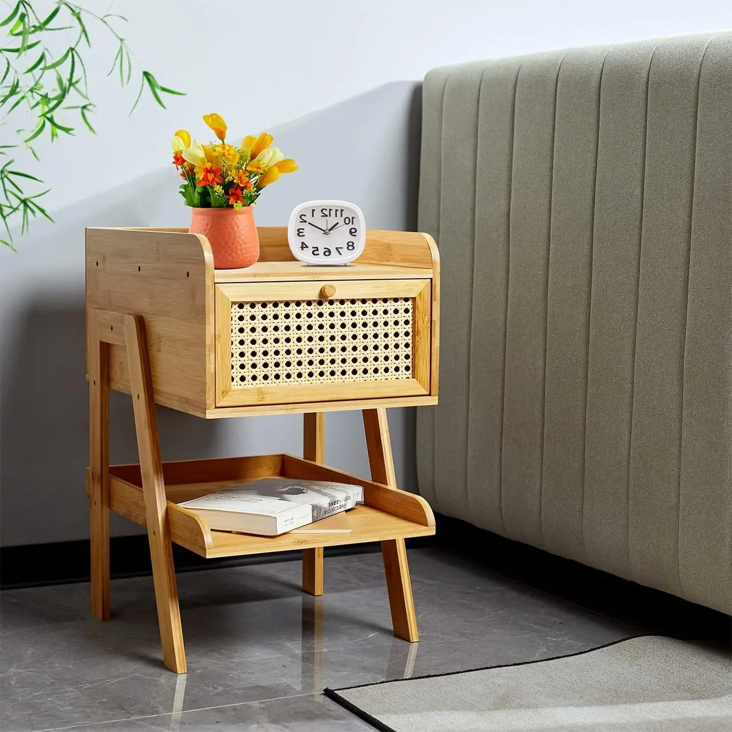 3-Tier Bamboo And Rattan Nightstand With Drawers Modern Side Table For Bedroom And Living Room Bedroom Furniture