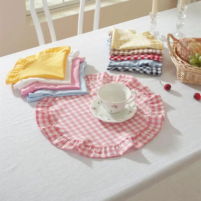 ~Round Blue Yellow Gingham Placemats Red Grid Checkered Placemats With Ruffle Picnic Party Supplies Buffalo Plaid Table Mat