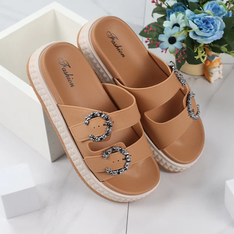 Modische Damen-Sandalen mit dicker Sohle – Flip-Flops mit verstellbarem Riemen, flache Strand-Slipper mit offener Zehenpartie für den Sommer im Freien – Detail 8