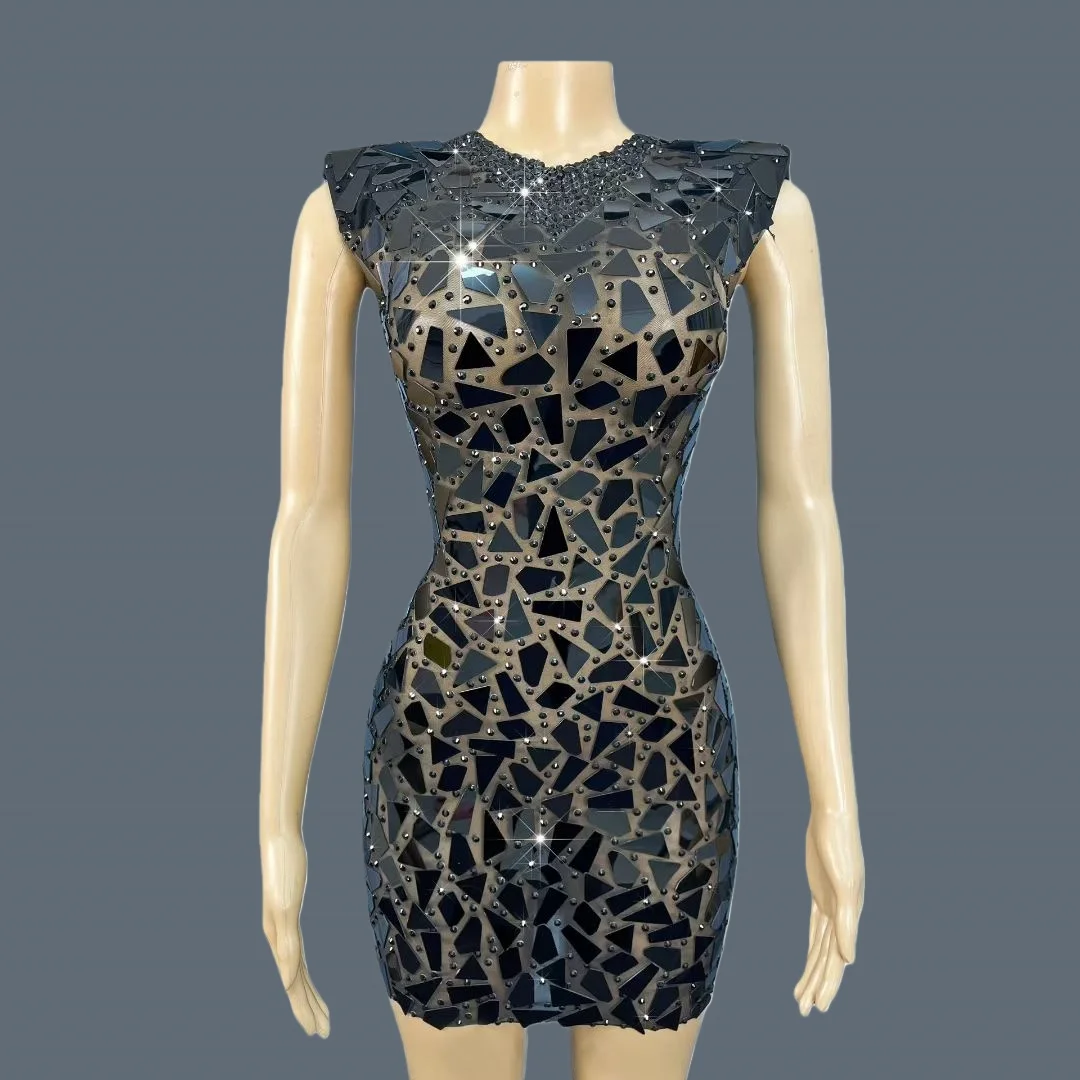 

Women Sexy See Through Black Mesh Mini Dress gig Party Outfit Sparkly Sequins Rhinestone Tight Fitting Cocktail Dress Heimeng