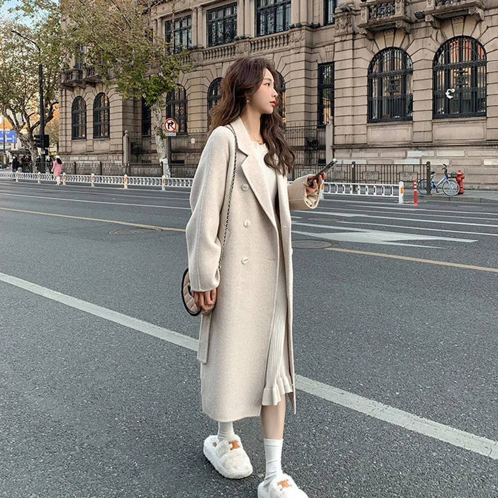 Abrigo de Cachemira de doble cara para mujer, abrigo largo de lana, versión coreana, tendencia suelta, azul, otoño e invierno, nueva moda