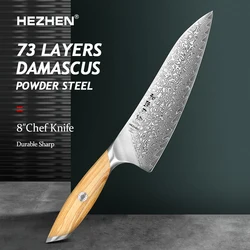 HEZHEN Flagship Series 8 Inch Chef Knife 73 Layers Powder Steel Core Damascus Steel Olive Wood Handle Gift Box Kitchen Knife