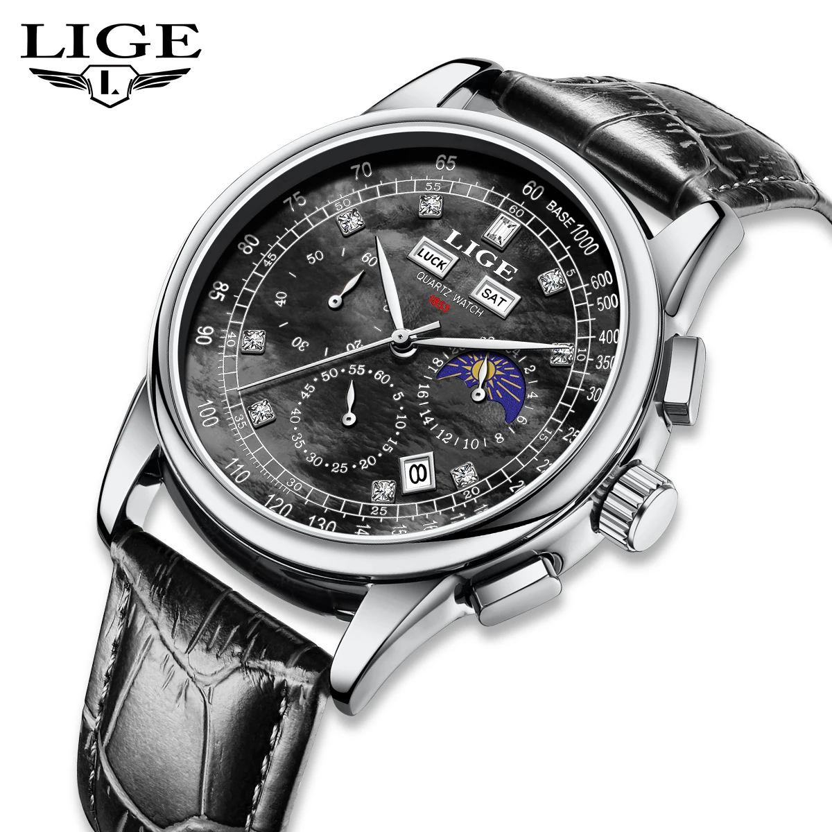 LIGE Top-Marke Luxus Herrenuhren Chronograph Datum Woche Armband Quarzuhr für Männer Wasserdicht Mondphase Armbanduhr