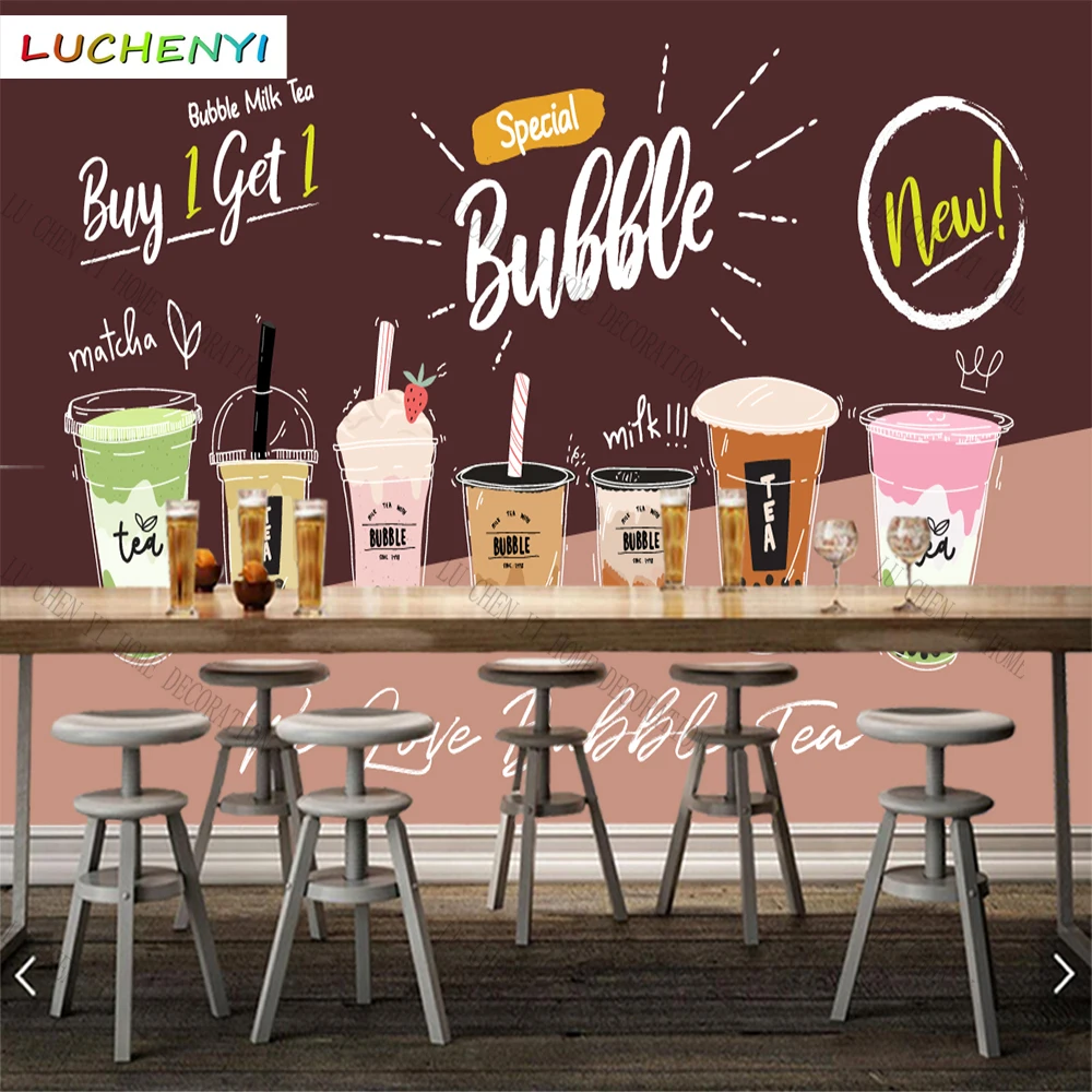 Custom cartoon bubble milk tea fruit 3d wallpaper mural restaurant juice shop kitchen dining room wall papers home decor sticker