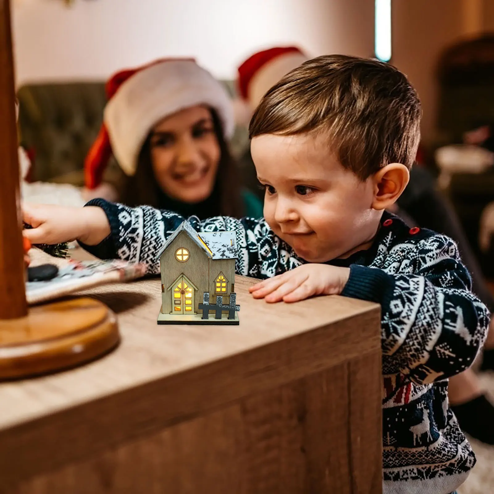 

2pcs Led Luminous Wooden Cabin Christmas Decor Creative Log Cabin Desktop Ornament For Home Office Festival Scene Wooden