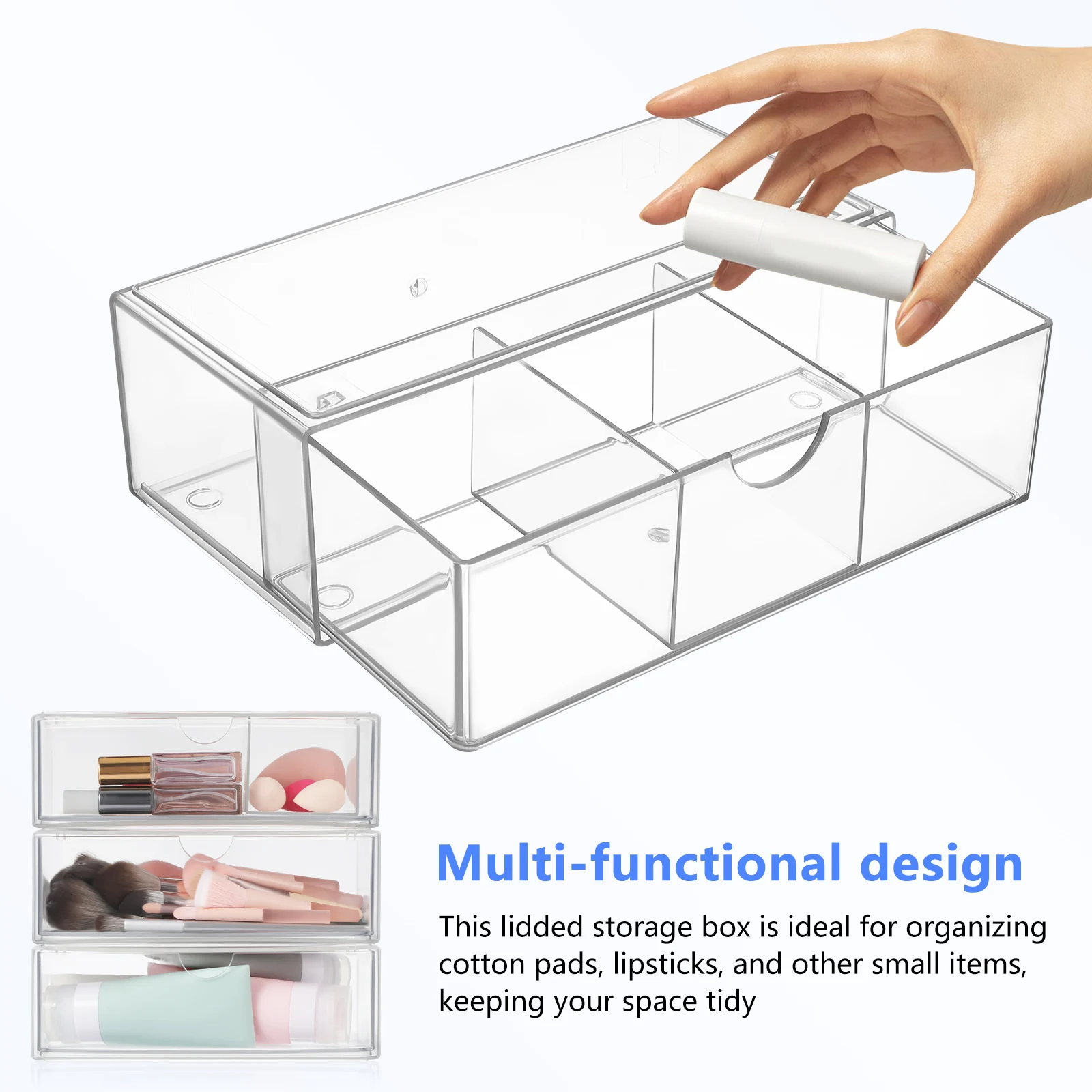 3 Pcs Compartment Organizer Cotton Ball Holder with Lid Clear Storage Drawers Organizers Pad Makeup Container