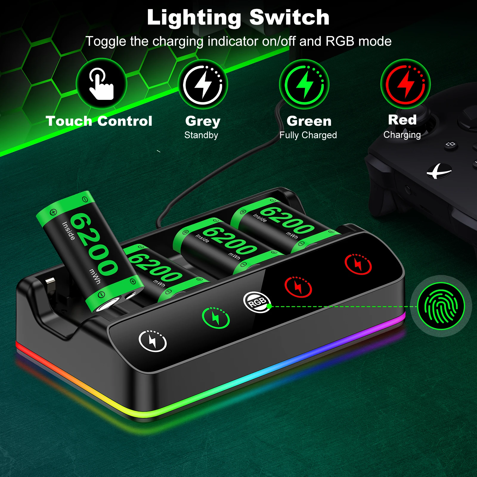 DinoFire 4*4080mWh für Xbox Wiederaufladbarer Akku 15-Stunden-Spielzeit für Xbox One/S/X/Elite-Controller | Mehrfarbige LED – Detail 10