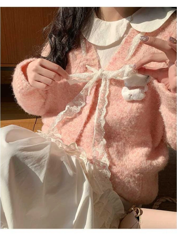 

Korobov Winter Sweet Loose V Neck Long Sleeve Bow Solid Single Breasted Pockets Knitted Cardigan