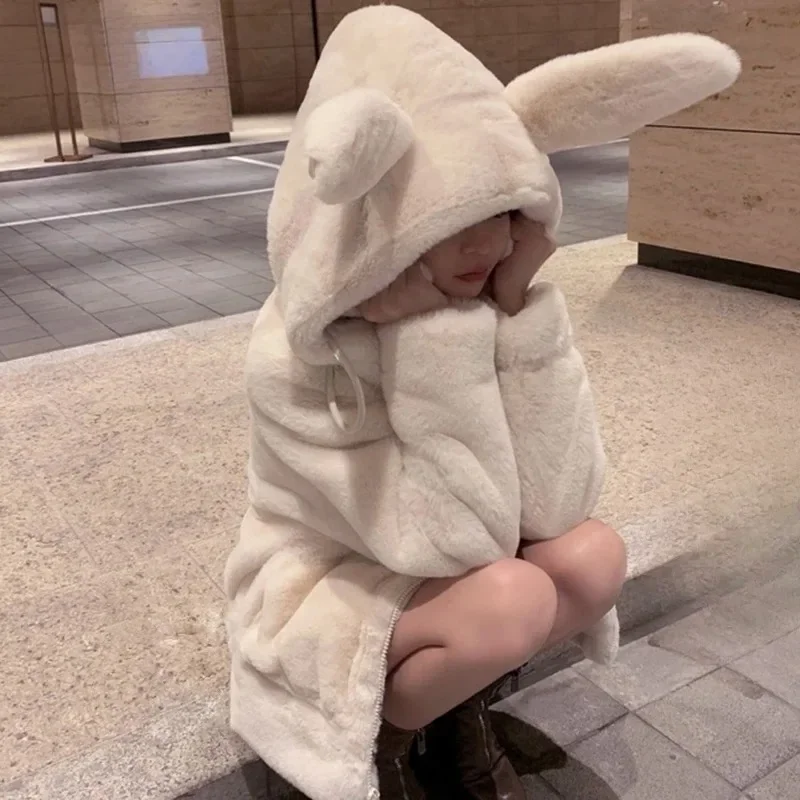 Spring fluffy jacket with rabbit ears raglan sleeve zipper Oversize light soft harajuku kawaii faux fur hoodie 2021