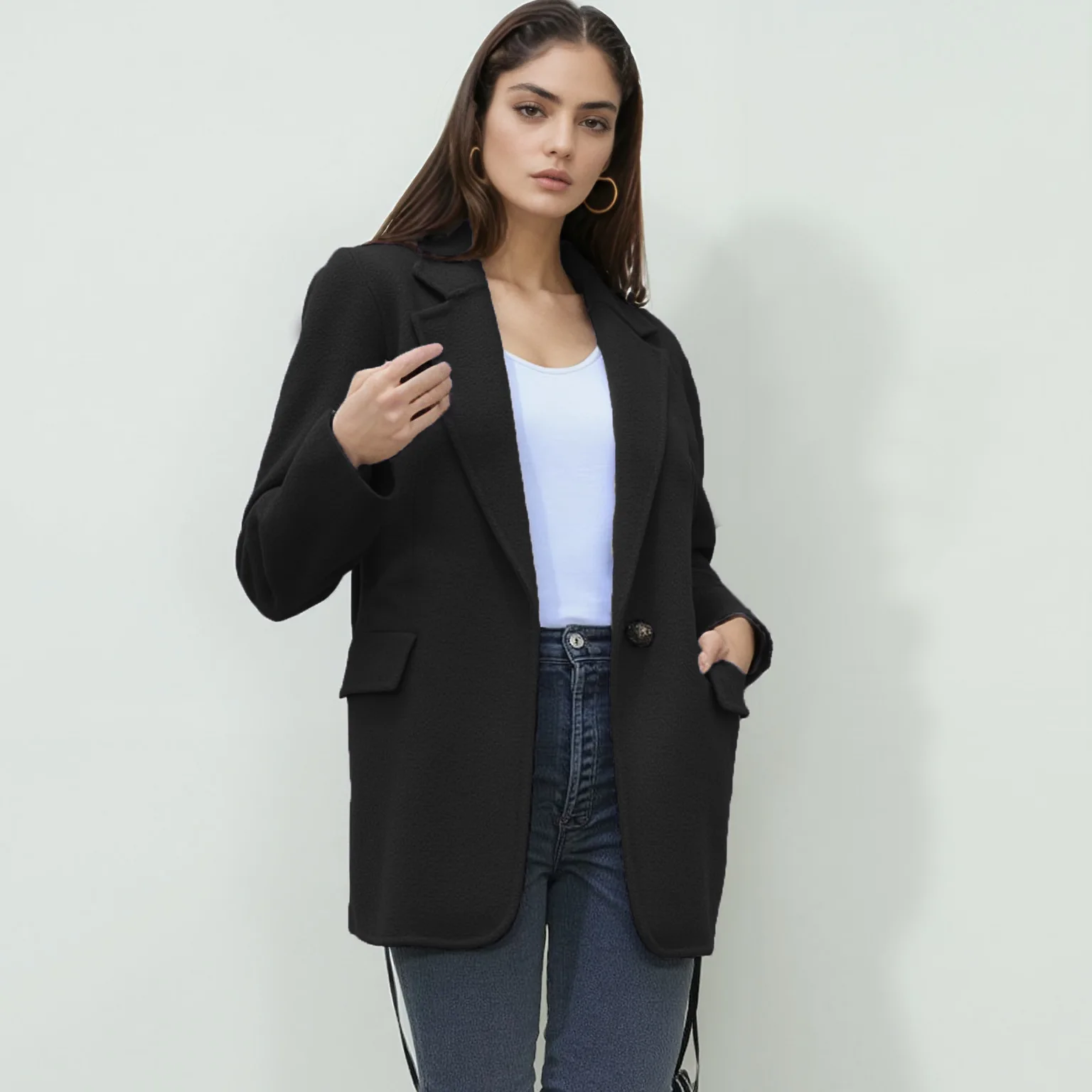 Dames herfst casual wollen reverszak vrouwelijk jasje effen kleur enkele knop pak jas vrouwelijke blazer bovenkleding