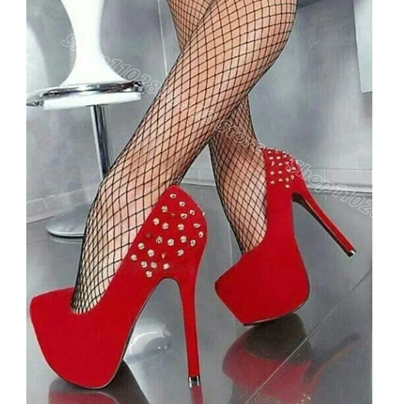 

Red Rivet Flock Stiletto Pumps Round Toe Platform British Style Party Casual Design for Women Shoes 2024 Zapatos Para Mujere