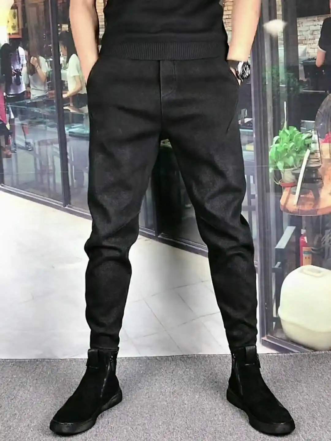 

Slim Fit Bla Denim Jeans for Men Faionable Spring Autumn Elastic Casual Straight Leg Jeans Youth Sle mid Waist Zipper