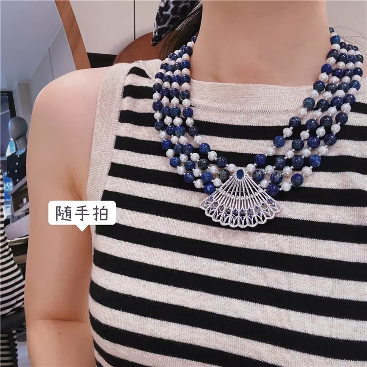 

Natural freshwater pearl necklace with lapis lazuli sweater multi-layer Necklace