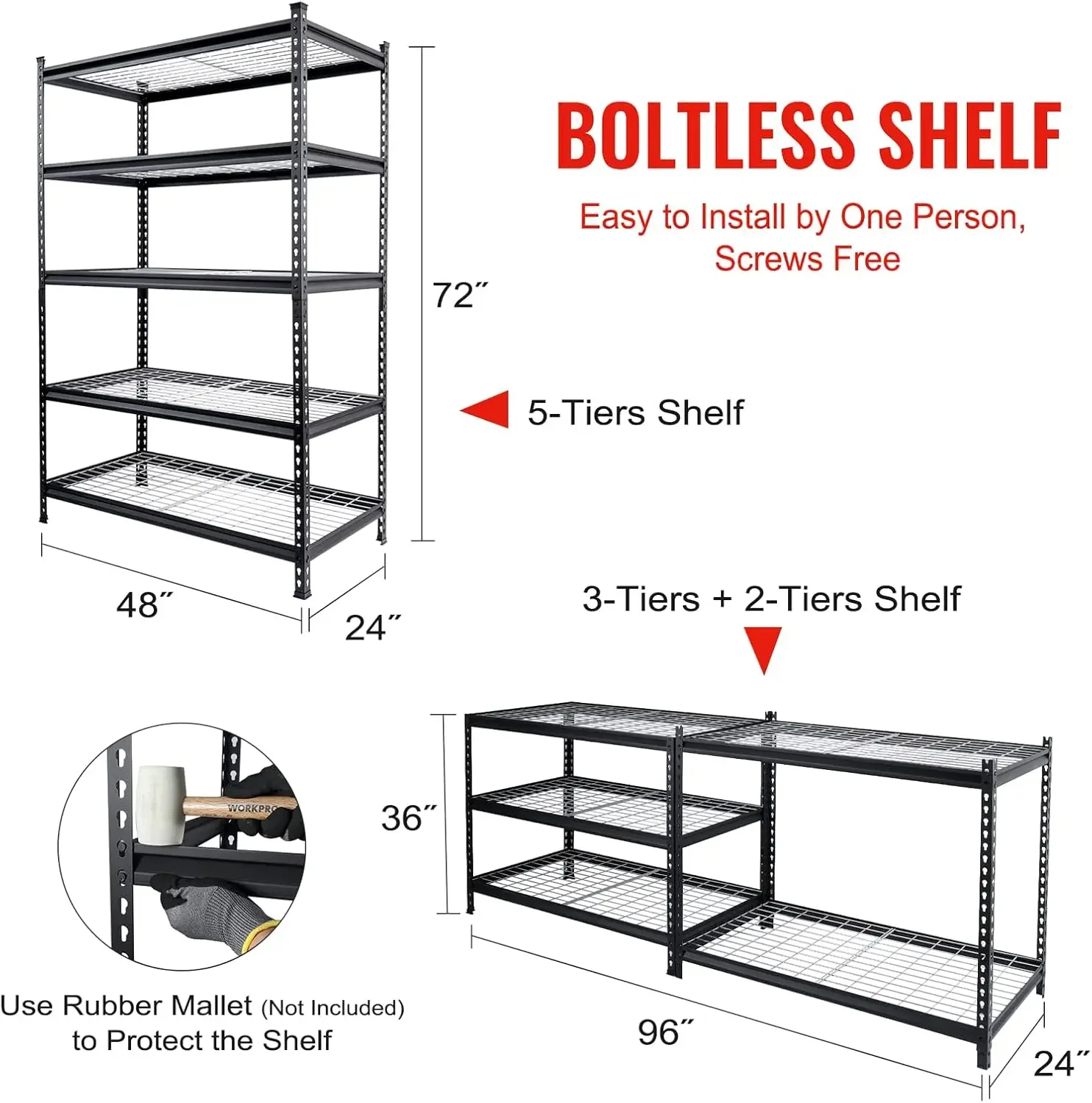 5-Tier Metal Shelving Unit, 48”W x 24”D x 72”H, Heavy Duty Adjustable Storage Rack, 4000 lbs Load Capacity (Total), for Garage