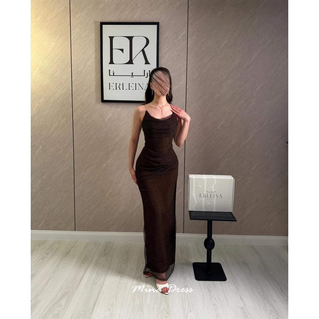

Mina Customized Brown Arabic Evening Dress Luxury Party Dress Grid Women's Elegant Dresses for Special Occasions Sleeveless Prom