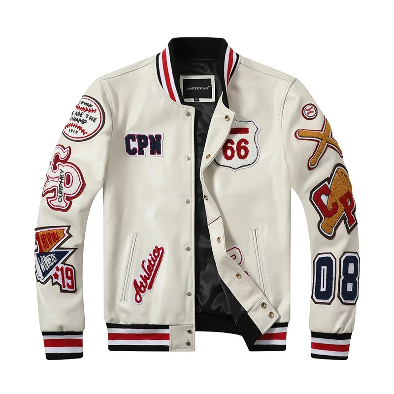 

Copersian Cow Letter Flocking Embroidered Jacket Motorcycle Baseball Uniform Hiphop Leather Jacket Dropshipping