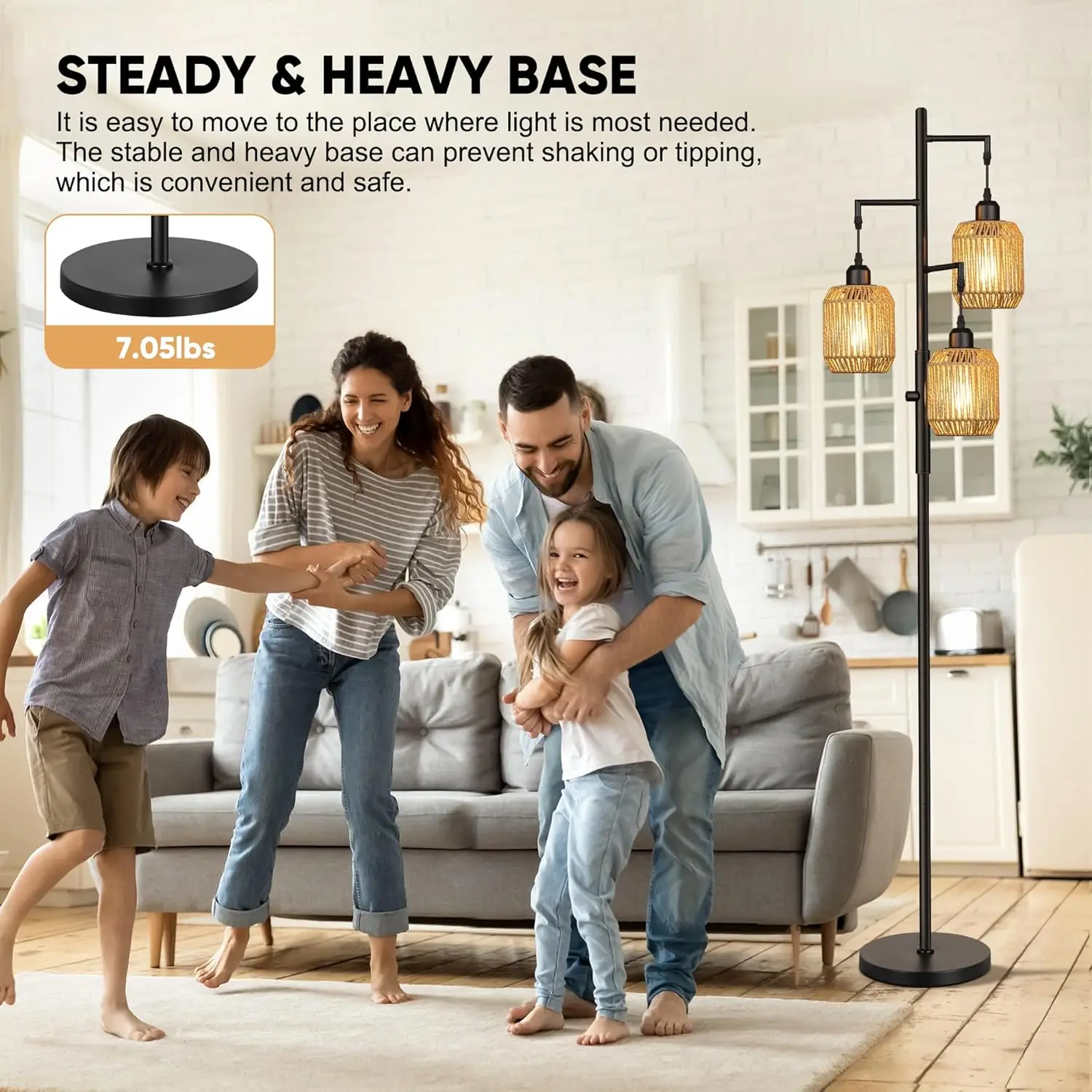 Luminária de Chão de Rattan Regulável com 3 Lâmpadas LED - Estilo Fazenda para Sala de Estar, Quarto, Escritório, 68 polegadas, Preta