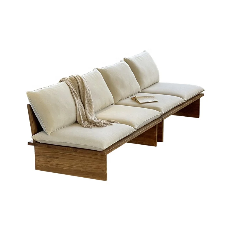

Solid Wood Two Seater Platform Sofa Set With Linen Cover //Wabi Sabi Style Modern Villa Living Room Sofa Bed