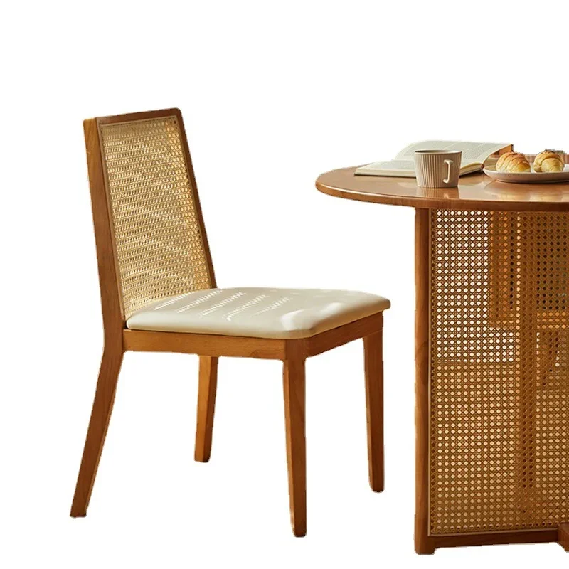 Rattan chair soft bag household small apartment dining chair solid wood medieval chair balcony