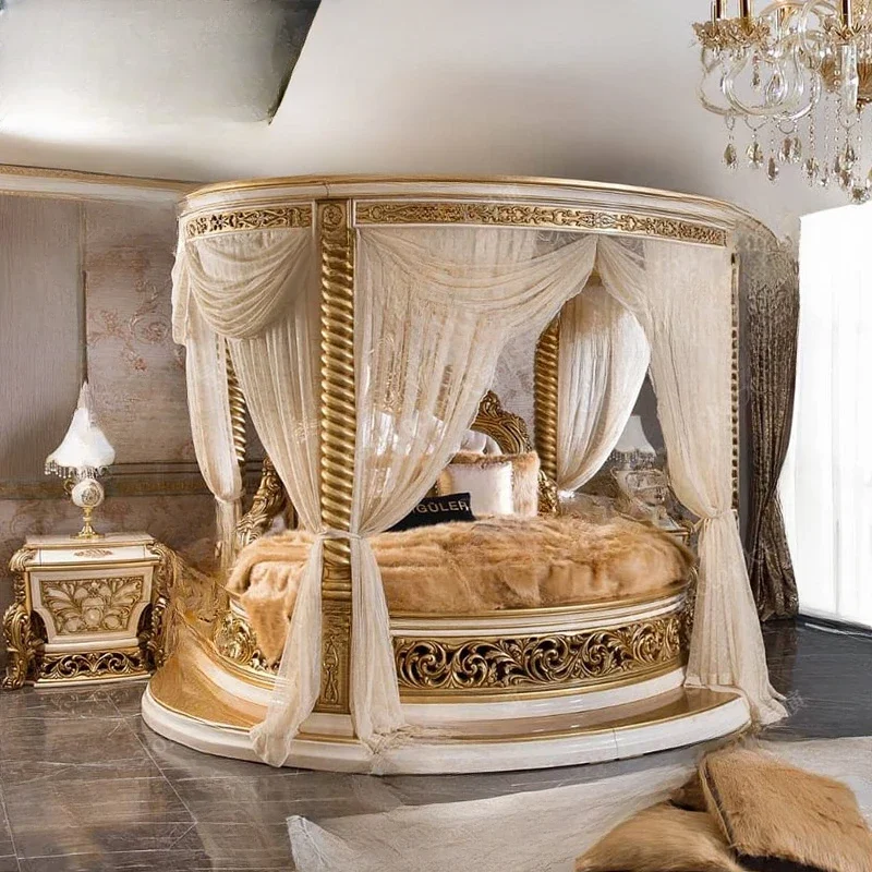 Villa, palace, European style solid wood round bed,French luxury carved bed, princess double marriage bed, high-end