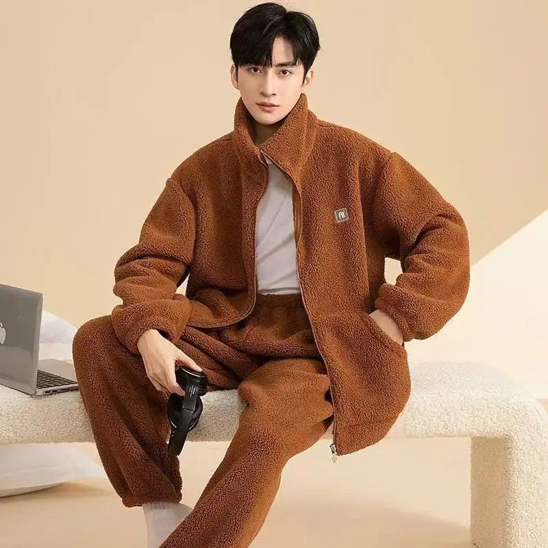 الشتاء الرجال منامة المرجان الصوف مريحة عارضة داخلي المنزل ارتداء سميكة سستة الحرارية سترة منامة 2 قطعة مجموعات