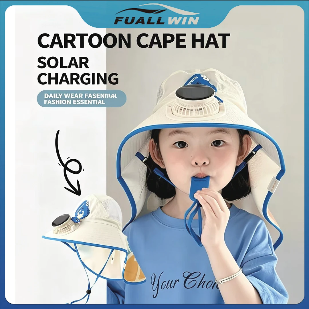 

Cute Cartoon Small Size Solar Fan Sun Hat,3 Speed Adjustable Wind,UPF Neck Flap Protection,Quick Dry Breathable Bucket Cap