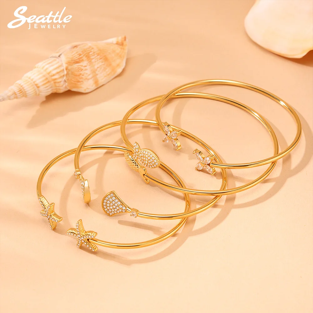 Нержавеющая сталь 316, позолоченный браслет 18 карат, блестящий циркон, открытый браслет с цветком морской звезды для женщин, роскошные ювелирные изделия