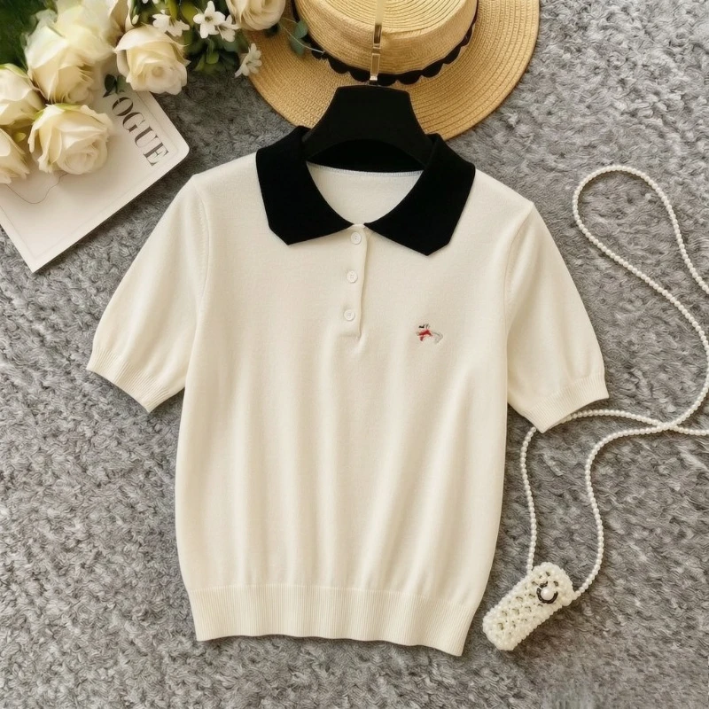 Women Beige Contrast Collar Knit Polo Top Short Sleeve Button Front Slim Fit Casual Elegant Lady Y2K Korean Style All Season