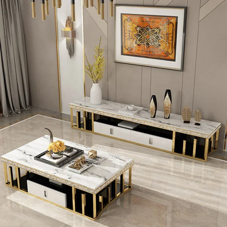 Luxury furniture living room sets gold center table marble coffee tables and tv stand modern coffee table