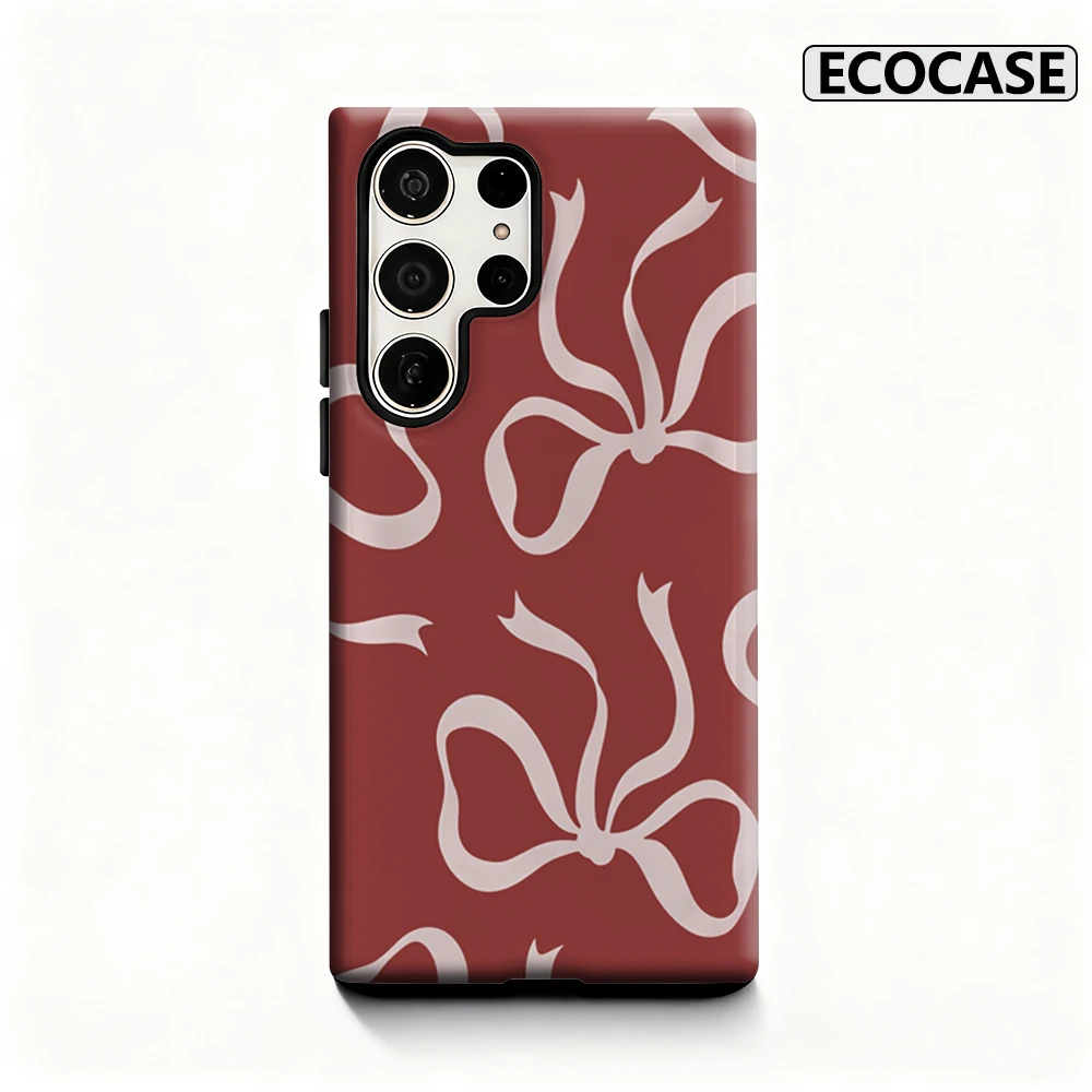 Blush Red Bow Elegance Phone Case for Samsung Galaxy S25 Ultra S24 S23 Ultra Plus Glossy Double-layer Back Cover