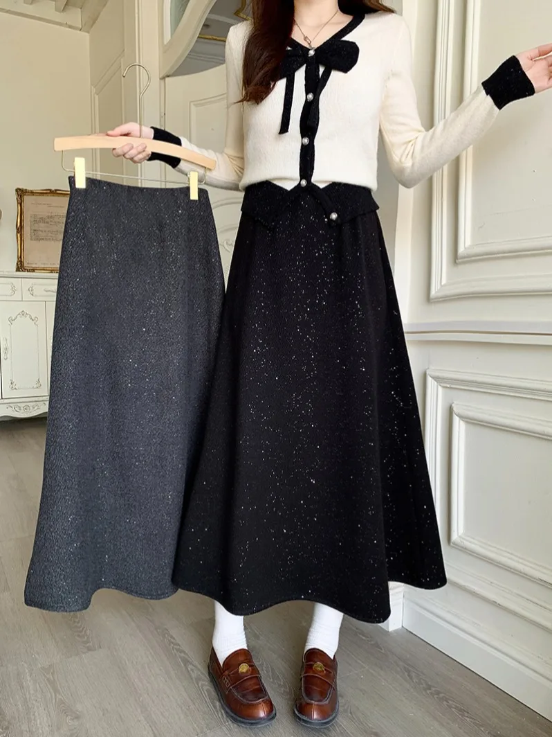 

Изысканная юбка А-силуэта с завышенной талией для женщин, осенне-зимняя, больших размеров, расклешенная, с эффектом стройности