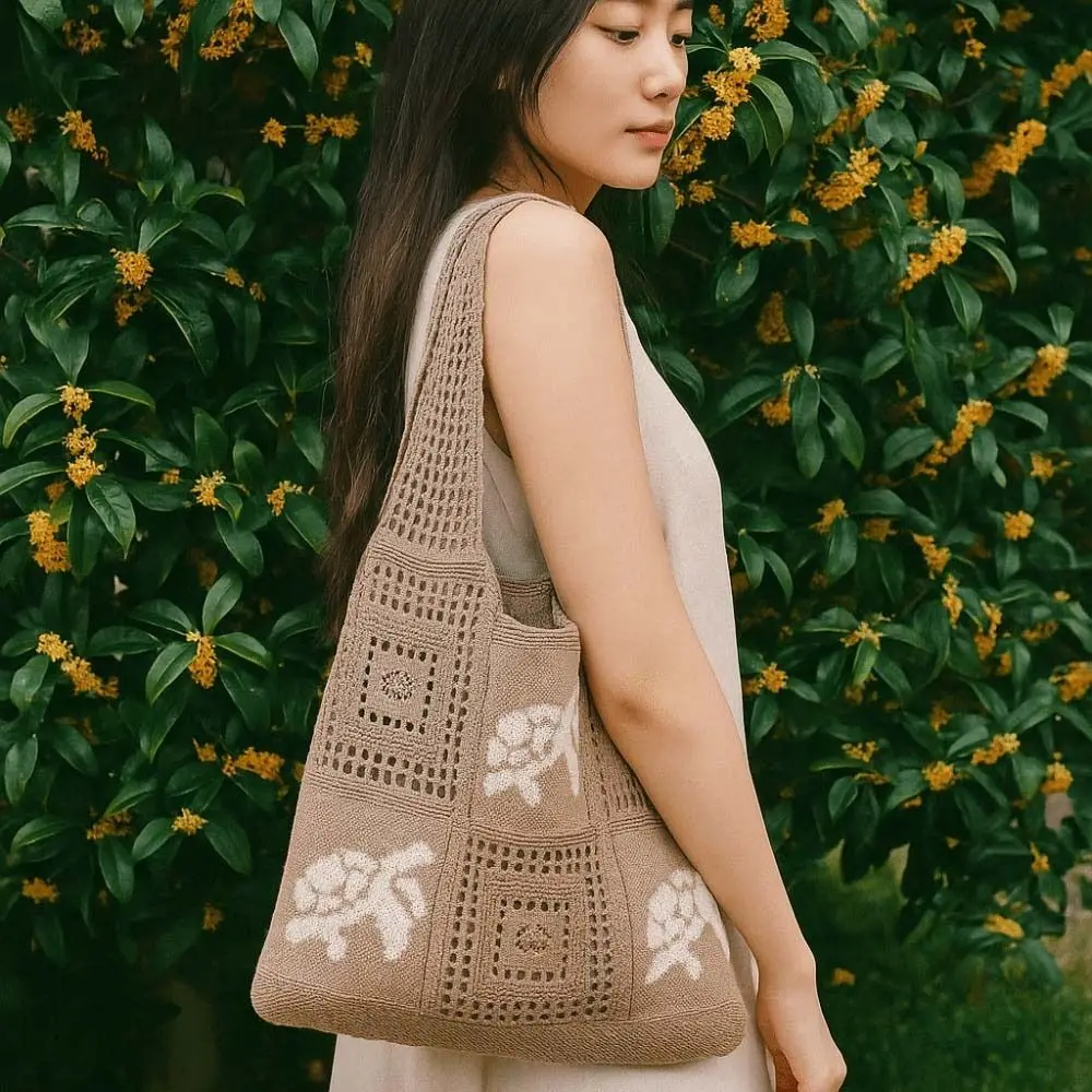 

Solid Color Large Capacity Crochet Tote Bag Turtle Embroidered Hollow Woven Bag Lightweight Cotton Knitting Handbag Beach
