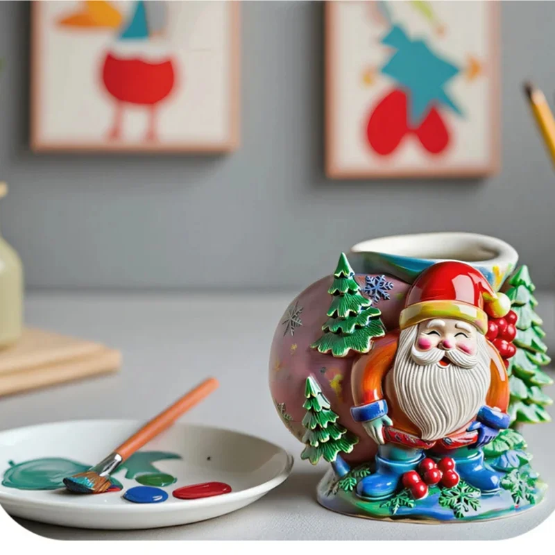 

Handmade Christmas Santa Claus Candle Holder - Reusable Office Pen Holder, Festive Holiday Decoration with Snowflakes & Pine Con