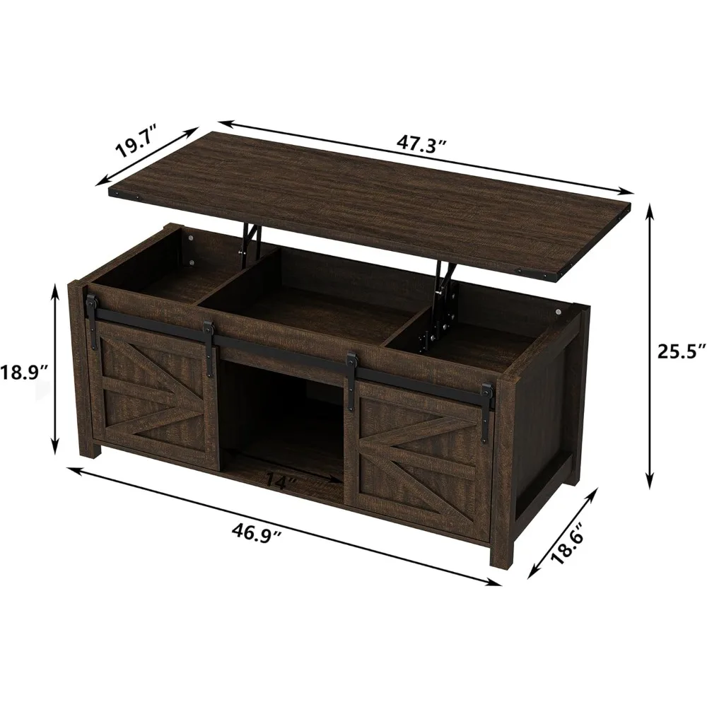 Rustic Farmhouse Style Lift Top Coffee Table with Sliding Barn Doors Storage for Living Room