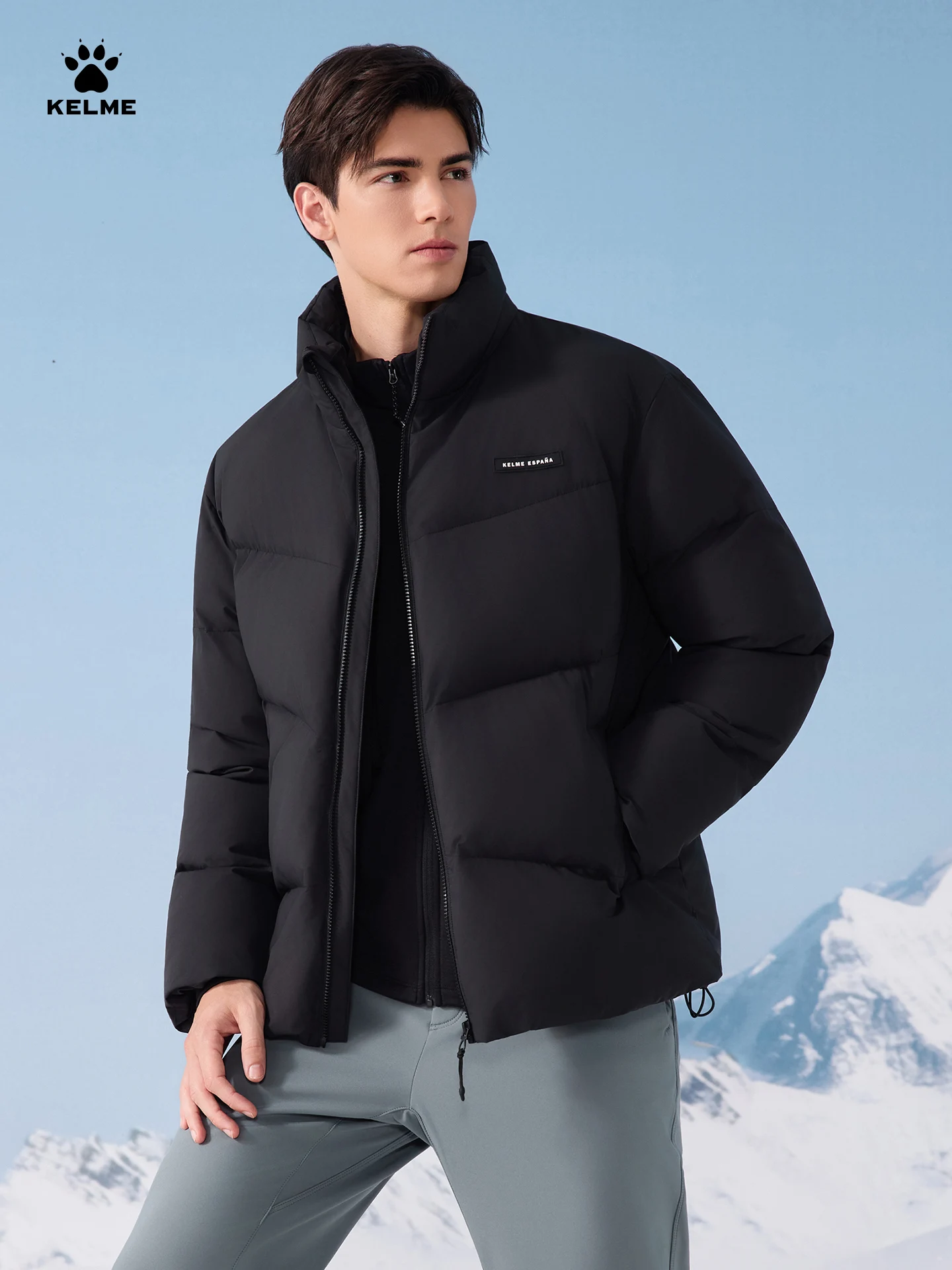 Kelme Jaqueta masculina de algodão térmico com gola alta, roupa externa casual solta e à prova de vento com forro de lã conjunto esportivo