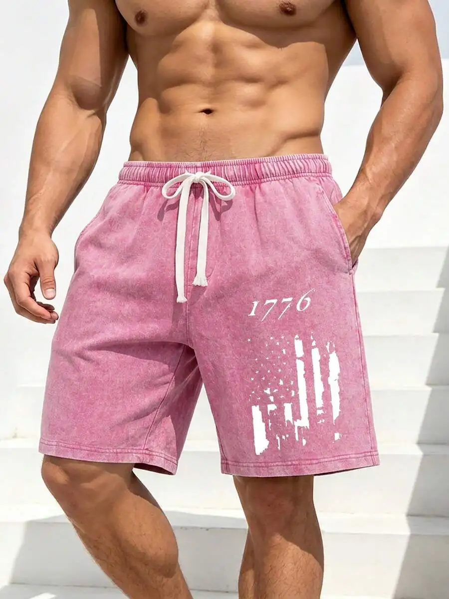 

Mens Vintage Washed Cotton Drawstring Shorts With 1776 Distressed American Flag Graphic