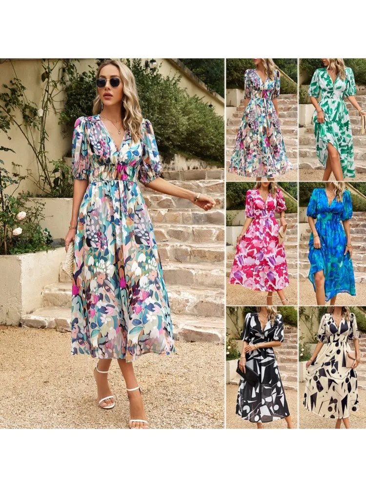 Chiffon Dresses Women 2024 V Neck Printed Short Sleeve Elastic Waist Elegant Midi Dress Beach Summer Dress Women Robe Femmes