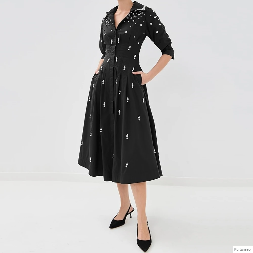 

A-line Women's Evening Dresses Tea-length V-neck Half Sleeve Prom Gown Fashion Crystal Simple Draped Casual Customized Gowns