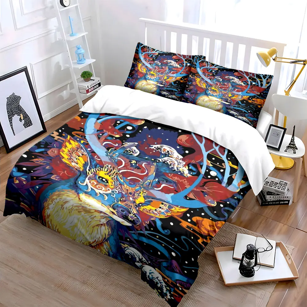 Colorful Deer Art Three-Piece Decor Soft Skin-Friendly Bedding Set Includes 1 Duvet Cover And 2 Pillowcase, Gift
