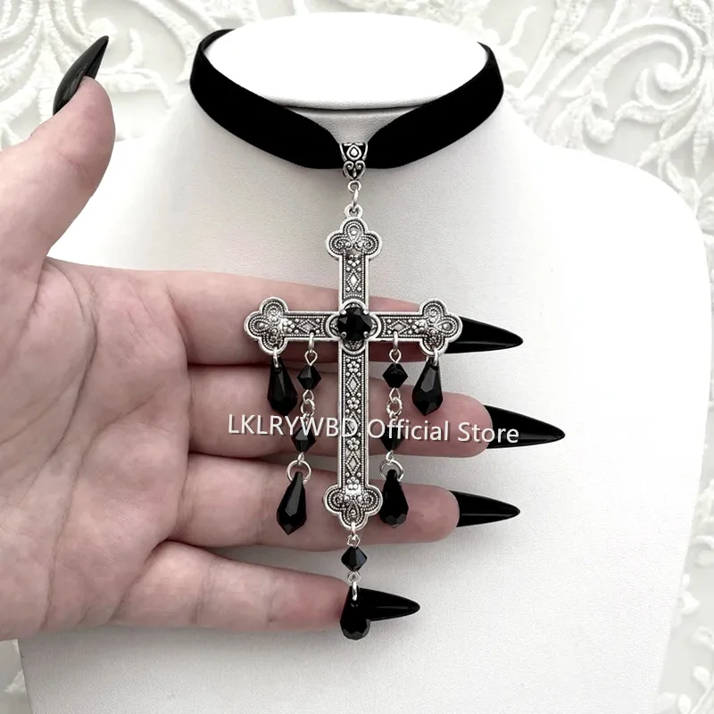 Silver Cross Choker, Black Goth Choker, Gothic Cross, Goth Cross Velvet Choker, Black Velvet Choker with Cross, Velvet Cross