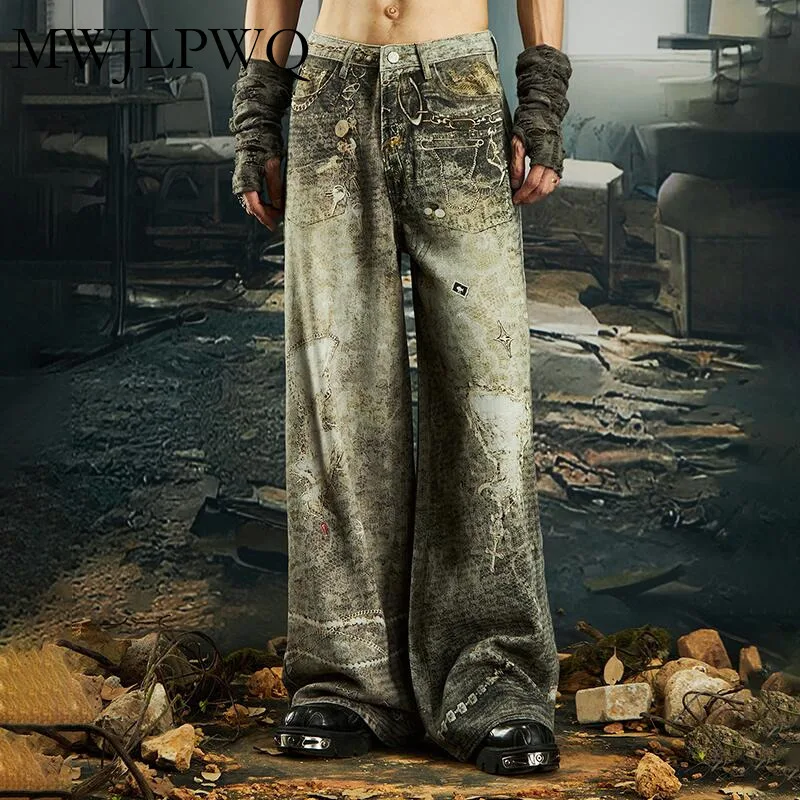 

MWJLPWQ Chain 3D Printed Niche Design Straight Jeans Male High Street 2025 Autumn New Loose Casual Denim Trousers Trend 010952