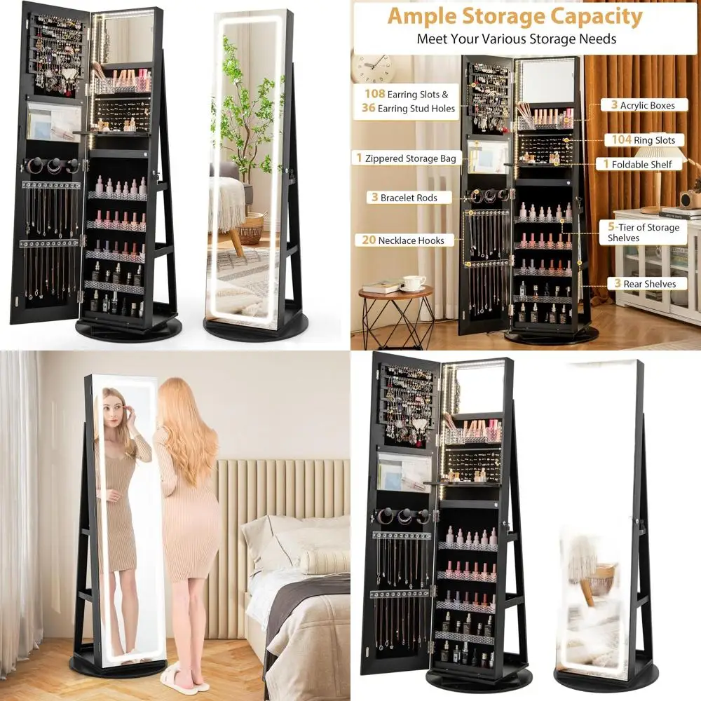 

Full-Length Mirrored Jewelry Cabinet with Swivel, LED Lights, Storage Shelves, Foldable Shelf, Black